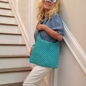 Vintage August Nice Cond Turquoise Blue Crochet Shoulder Bag, $25